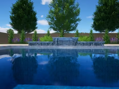 Natural stone boulder waterfall cascading into a swimming pool surrounded by lush landscaping