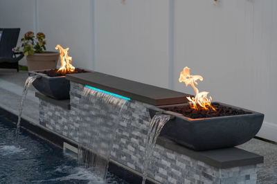 Dune E - Brigantine, NJ - A modern outdoor fire pit with two fire bowls and a waterfall feature