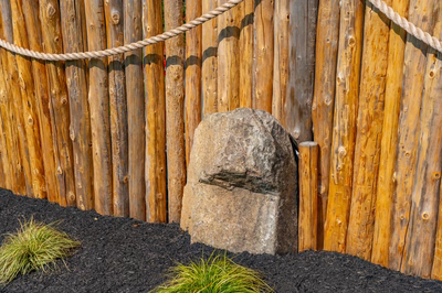 Abiqua L - Doylestown, PA - A large stone standing in front of a wooden fence with a rope fence in the background