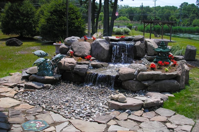 Alder-A - A rock waterfall in the middle of a swimming pool surrounded by plants and rocks