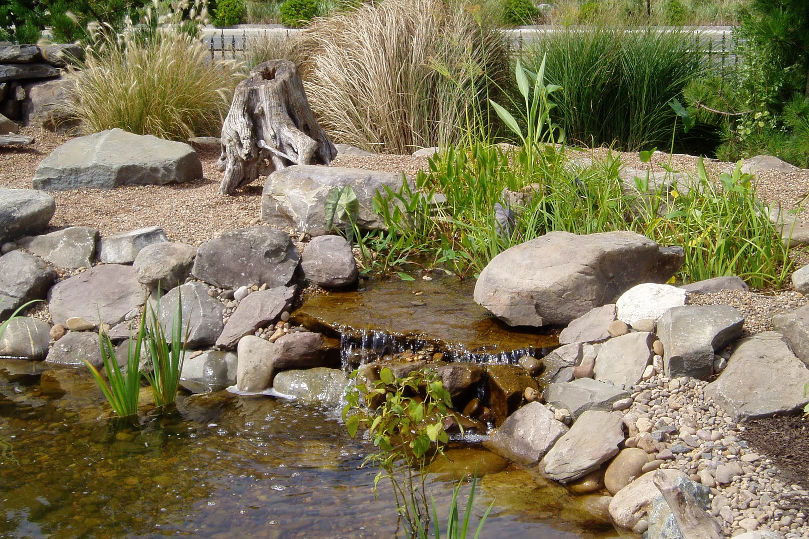 Two-tiered natural stone boulder waterfall cascading into a pool surrounded by lush ornamental greenery