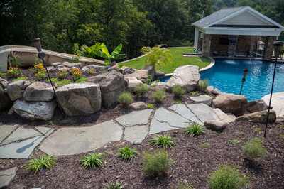 Barron E - Fallston, MD - A backyard with a swimming pool surrounded by rocks and landscaping