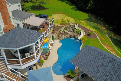 Barron F - Fallston, MD - A bird's eye view of a backyard with a swimming pool and a waterfall.