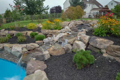 Beede G - Trappe, PA - A backyard with a pool and a waterfall surrounded by flowers and rocks
