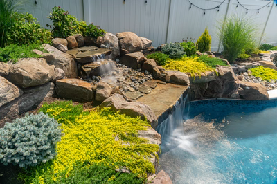 Benton F - Egg Harbor, NJ - A backyard with a pool and a waterfall surrounded by plants and rocks