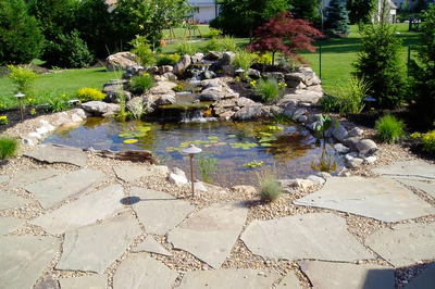 Blackberry A - Broomall, PA - A backyard pond with a waterfall surrounded by rocks and plants.