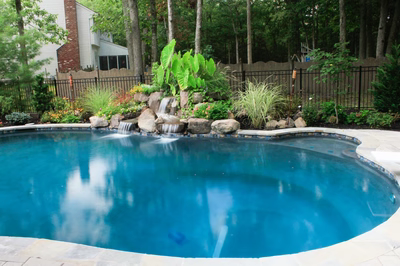 Bowman D - Medford, NJ - A swimming pool with a waterfall in the middle surrounded by lush greenery