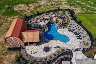 Bridge K - Lewisburg, PA - A bird's eye view of a backyard with a swimming pool and patio area