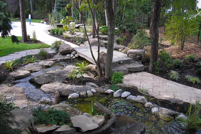 Coeur D - Voorhees, NJ - A natural garden with a small stream running through it, surrounded by trees and rocks