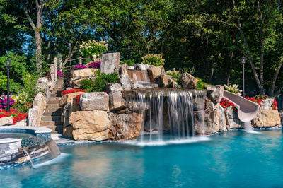 Copper B - Cream Ridge, NJ - A large swimming pool surrounded by lush greenery and colorful flowers, with a waterfall and a slide