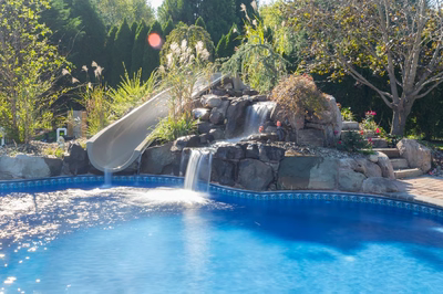 Crawford D - West Windsor, NJ - A swimming pool with a waterfall and a slide surrounded by lush greenery