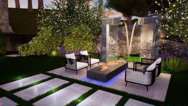 Twin natural stone waterfalls with rain-curtain flows cascading behind a fire pit and lush plants