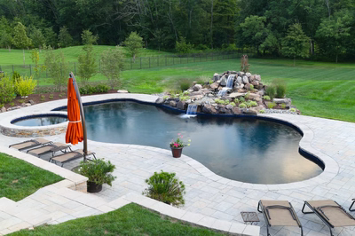 Drake E - Titusville, NJ - A backyard with a swimming pool surrounded by lush green grass and a waterfall.