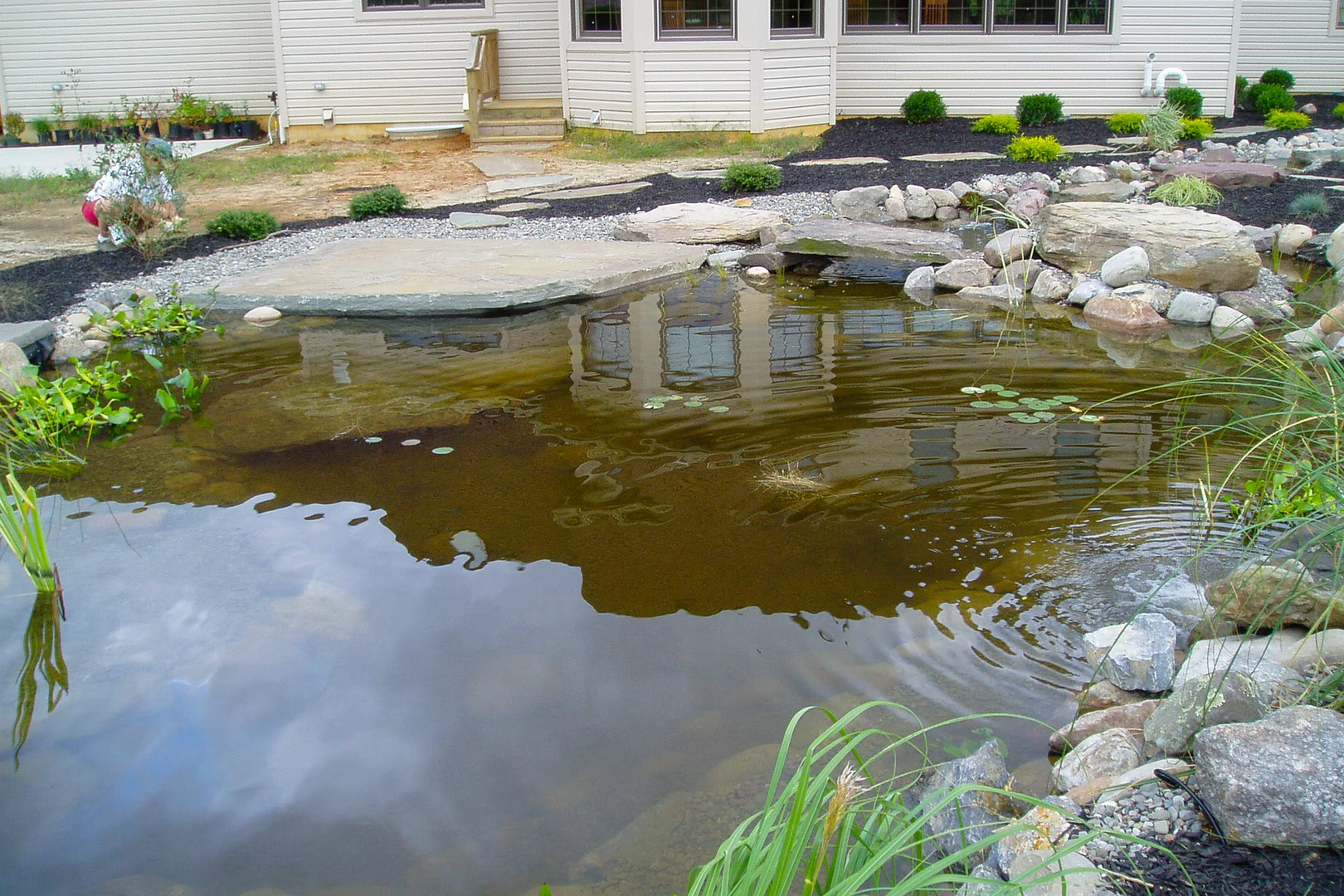 Natural stone boulder waterfall cascading into a serene pond surrounded by lush aquatic plants