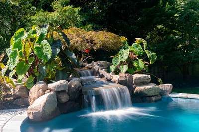 Faxi B - Moorestown, NJ - A small waterfall in the middle of a swimming pool surrounded by lush greenery