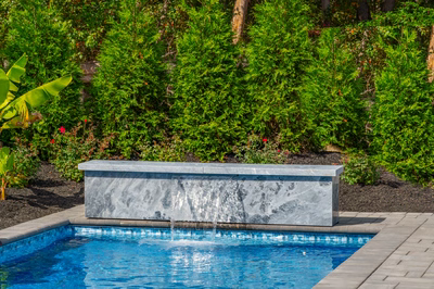 Formal G -  - A rectangular pool with a waterfall in the middle surrounded by lush greenery