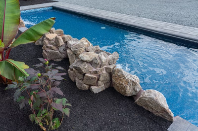 Genesis D -  - A blue swimming pool with rocks and plants around it