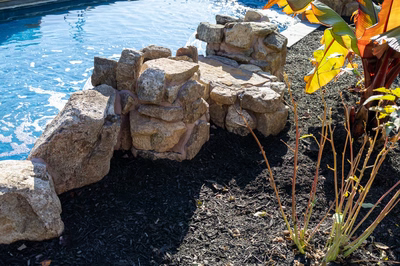 Genesis P - A rock structure by a swimming pool surrounded by plants and mulch