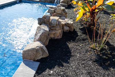 Genesis P - A small waterfall cascades into a pool surrounded by rocks and plants