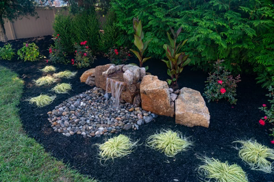 Genesis S -  - A rock garden with a waterfall surrounded by plants and flowers