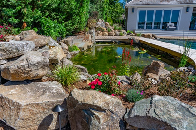 Havasu B - Manasquan, NJ - A backyard pond surrounded by rocks and flowers, with a wooden bridge over it