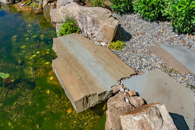 Havasu J - Manasquan, NJ - A serene garden with stepping stones and a small pond filled with green water