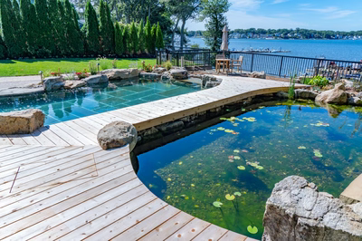Havasu M - Manasquan, NJ - A wooden walkway over a clear pond with lily pads and rocks, surrounded by lush greenery and trees