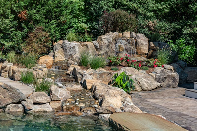 Havasu P - Manasquan, NJ - A natural rock garden with a waterfall and a wooden walkway