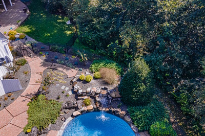 Hemlock M - East Petersburg, PA - A bird's eye view of a backyard with a swimming pool and landscaping