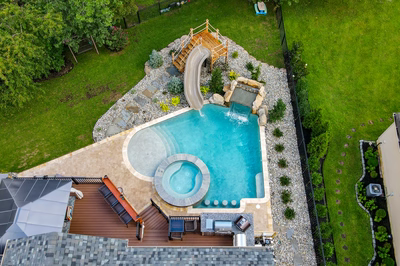 Horsetail P - Marlton, NJ - A bird's eye view of a backyard with a swimming pool and a water feature