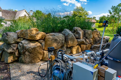 Howick J - Ivyland, PA - A stone wall with pipes and equipment in front of a house.