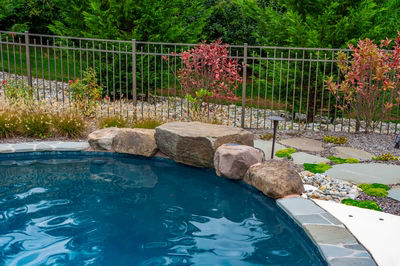 Juba K - Flemington, NJ - A small swimming pool surrounded by lush greenery and rocks.