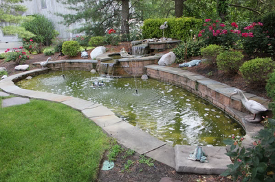 Kegon C - Cherry Hill, NJ - A small pond with a waterfall surrounded by lush greenery and flowers.