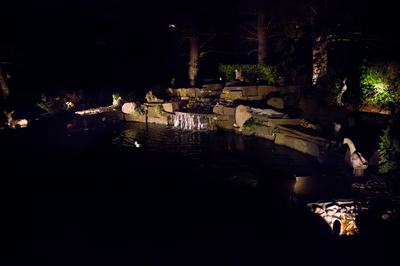 Kegon E - Cherry Hill, NJ - A pond lit up at night with a waterfall and statues of animals
