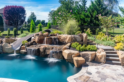 M Brown - Forrest Hills, MD - A swimming pool with a waterfall and a slide surrounded by lush greenery