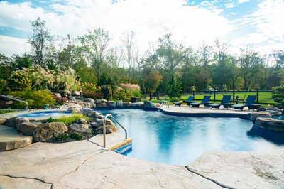 Morris W - New Hope, PA - A large rectangular swimming pool surrounded by lush greenery and rocks.