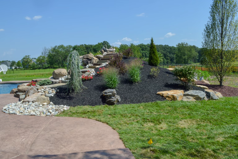 Natural stone boulder waterfall cascading into a pool surrounded by lush garden plants