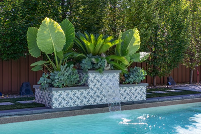 Murchison C - Point Pleasant, NJ - A decorative planter with a waterfall in the middle of a swimming pool surrounded by lush greenery