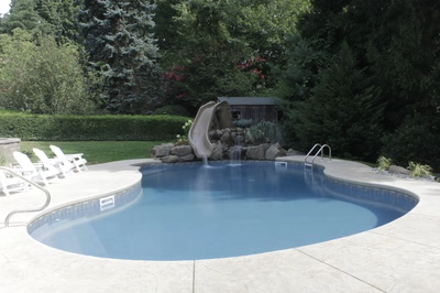 Nena E - Middleton, NJ - A swimming pool with a waterfall and a slide surrounded by lush greenery