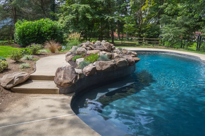 Owen I - Bryn Mawr, PA - A swimming pool with a rock feature in the middle of it surrounded by lush greenery