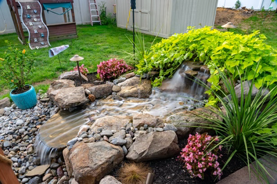 Paulina C - Williamstown, NJ - A small backyard garden with a small waterfall surrounded by rocks and flowers