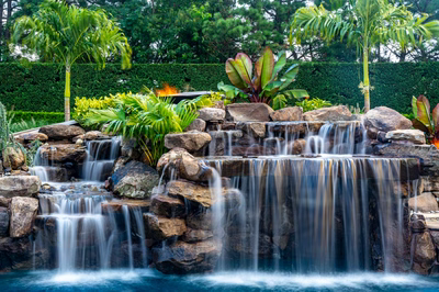 Richetli B - Monroe, NJ - A tropical garden with a waterfall feature surrounded by lush greenery