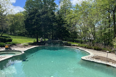 Ripon C - Red Bank, NJ - A large swimming pool surrounded by lush green trees and a clear blue sky