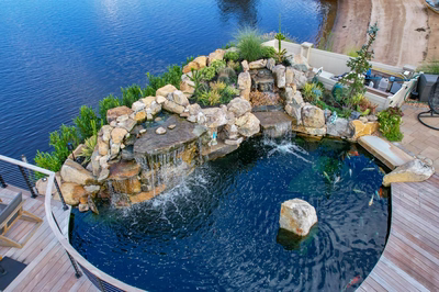 Shebelle - Hammonton, NJ - A bird's eye view of a swimming pool with a waterfall and rock features