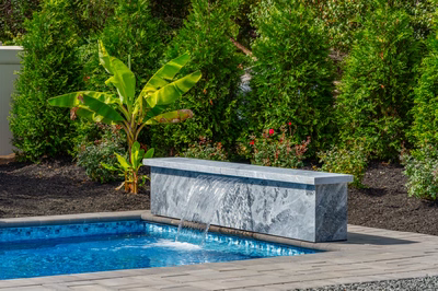 Formal G -  - A rectangular concrete water feature in a swimming pool surrounded by lush greenery