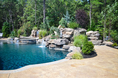 Sutherland D - Monroe, NJ - A swimming pool surrounded by lush greenery and a waterfall.