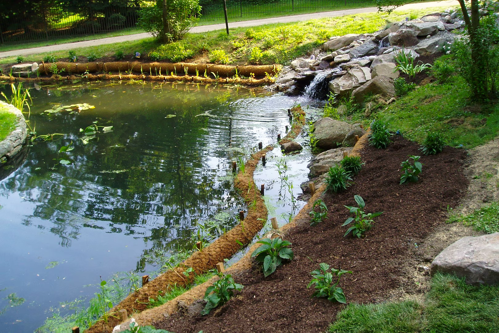 Natural stone boulder waterfall cascading into a tranquil pond with lush garden plantings