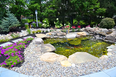 Tanner F - West Windsor, NJ - A garden with a pond surrounded by rocks and flowers.