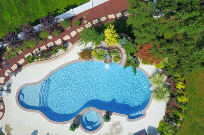 Wentworth D - Morganville, NJ - A bird's eye view of a swimming pool surrounded by lush greenery and flowers