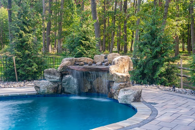 Zealand E - Lutherville, MD - A swimming pool with a waterfall in the middle surrounded by lush greenery